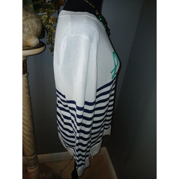 Time and Tru Sweater Womens Large White Blue Lucky Striped Crewneck Lightweight - Picture 2 of 6